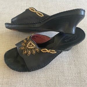 Clarks “Empress” Black Wedge Sandals with Beaded Elegance